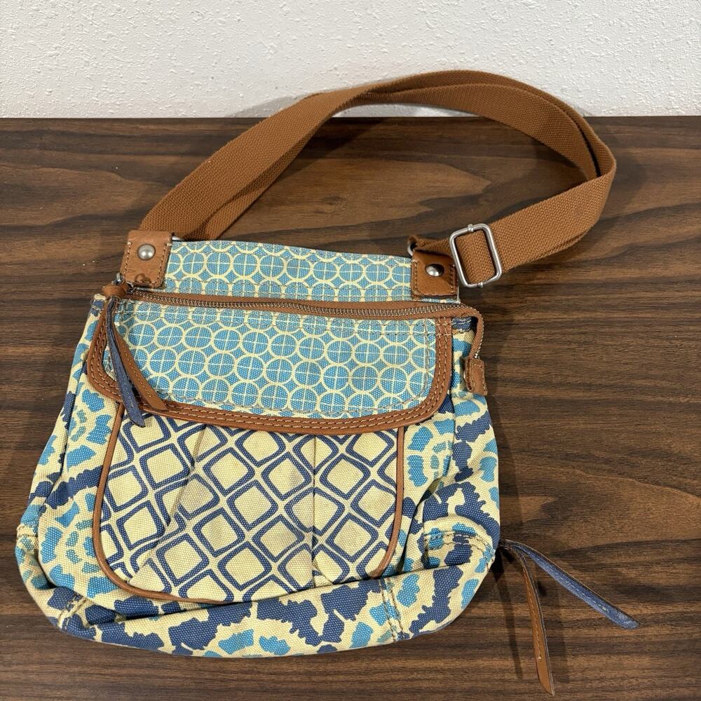 Fossil Vintage Patchwork‎ Crossbody Shoulder Bag Canvas Leather Trim Mix Print